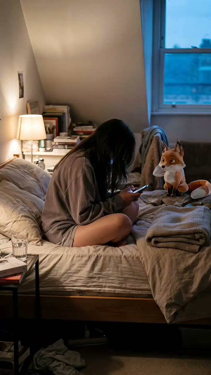 A woman on her bed at dusk, talking with Huckle, a small fox
